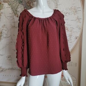 Max Studio burgundy boho blouse puffy ruffled sleeves gathered cuffs dots NWT S
